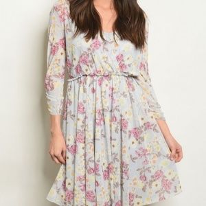 Shirring sleeve V Neck floral dress